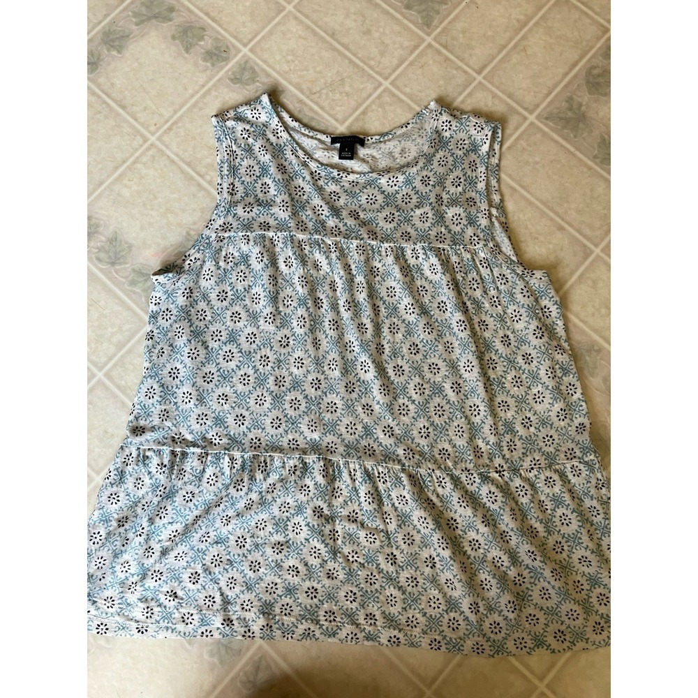 Ann Taylor Size Small 100% Linen Tiered Sleeveless Top Teal navy Floral print